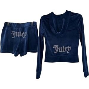 NWT JUICY COUTURE Velour  Bling Tracksuit Large Hoodie & Shorts Atlantis Blue